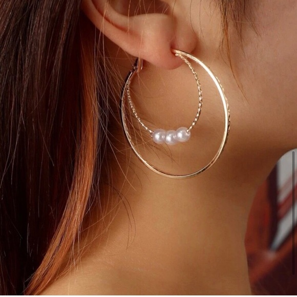 LAST PAIR: Gold layered pearl hoop earrings - Picture 4 of 4